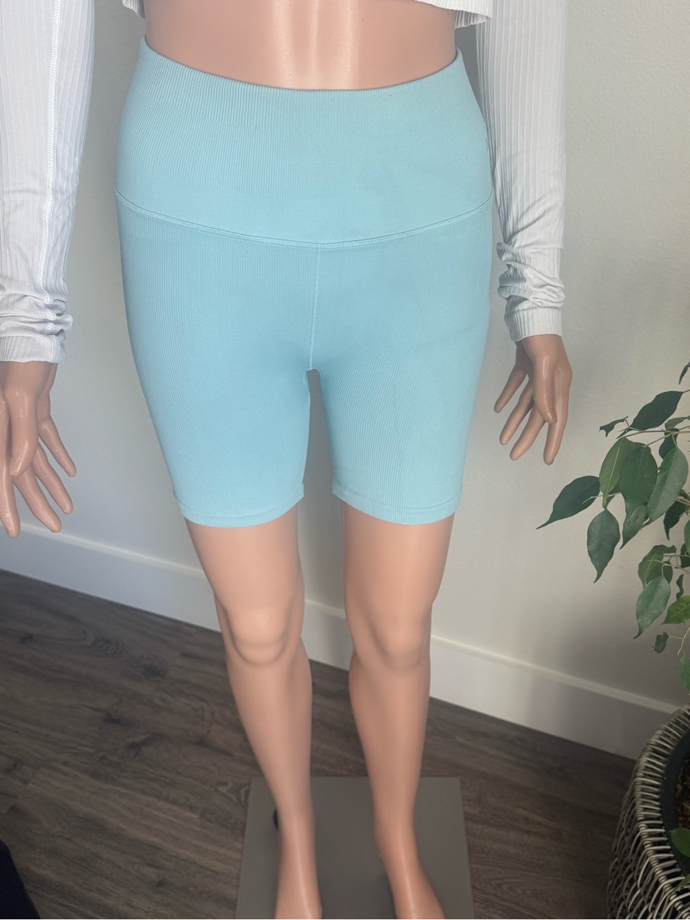 NUX Light Aqua Ribbed High-Waist Bike Shorts